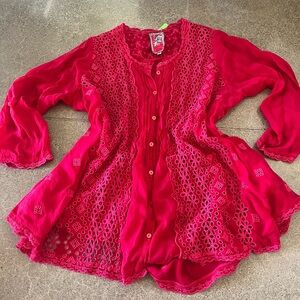 Johnny Was Pink Embroidered Eyelet Blouse